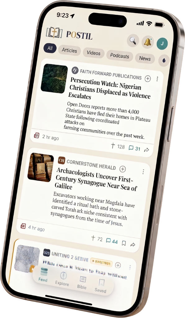 Postil app feed showing Christian articles and news