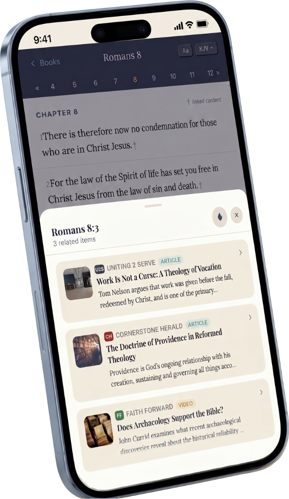Postil Bible reader showing Romans 8 with linked ministry content