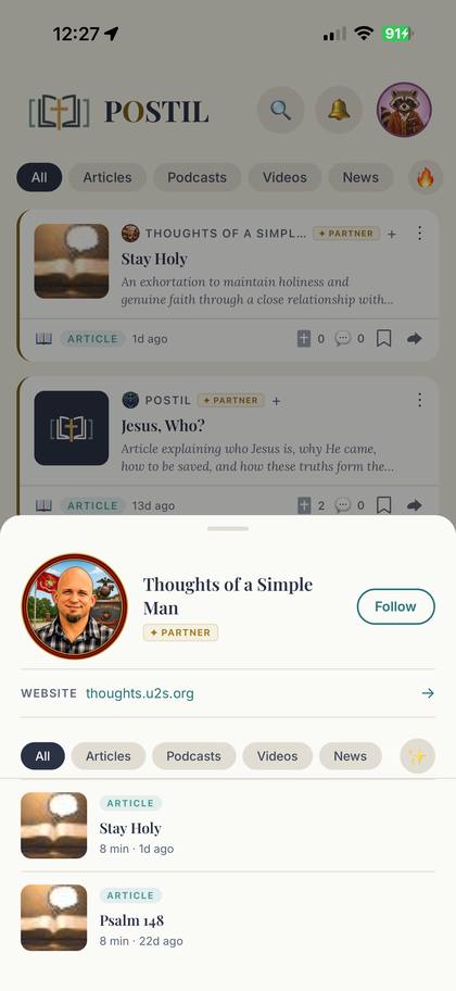 Thoughts of a Simple Man creator profile sheet, showing bio, Partner badge, website link, and content filtered by type