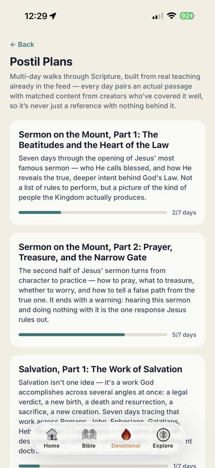 Postil Plans list showing Sermon on the Mount Part 1 and 2, and Salvation Part 1, each with a days-completed progress bar