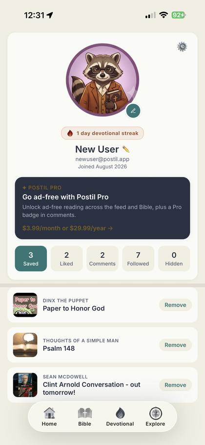 Profile screen showing avatar, devotional streak, display name, and the Saved/Liked/Comments/Followed/Hidden stat tabs