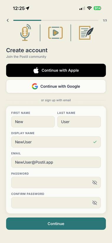 Create account screen
