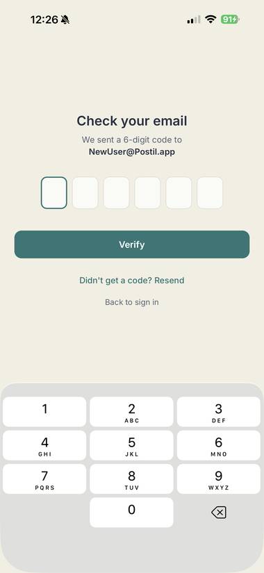 Verify email code screen
