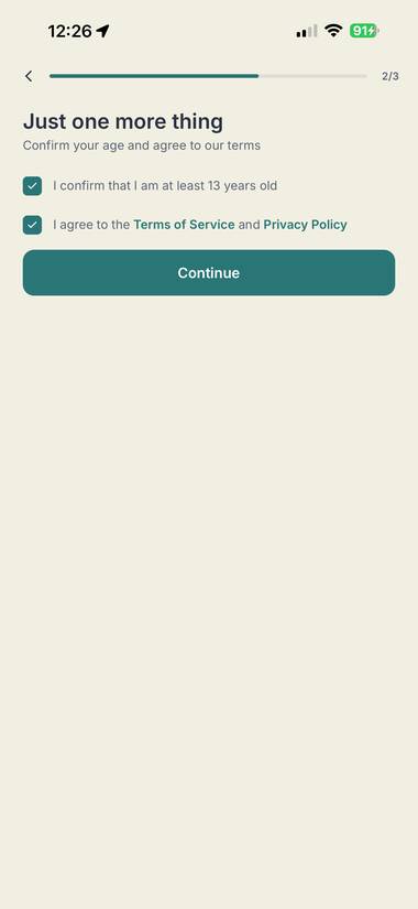 Confirm age and agree to terms screen