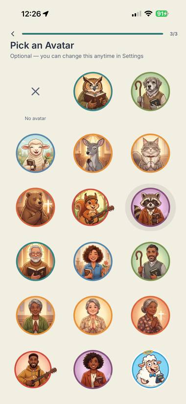 Pick an avatar screen