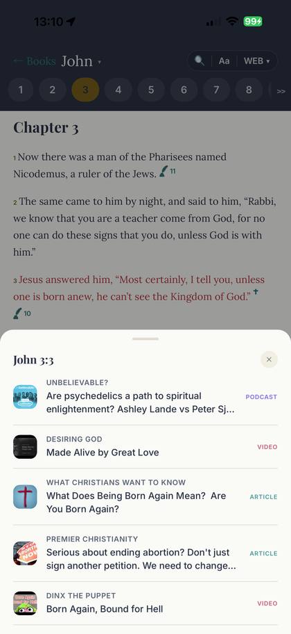John 3:3 with the verse-linked content sheet open, showing podcasts, videos, and articles tagged to that verse